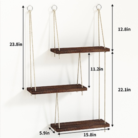 HOBO Brown Hanging Wall 3 Shelves Floating Shelf  NIB - Picture 3 of 4